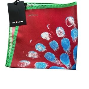 NWT Kiton Pocket Square – Red Blue Green Abstract Print 15x15 100% Silk